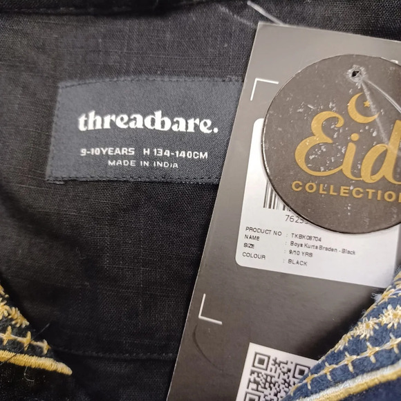 Threadbare NWT Long Sleeve Black Kurta Shirt Size 9-10 Years - Picture 7 of 8
